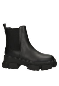 Bottine noire avec une tige en cuir lisse, des panneaux latéraux élastiques et une semelle en caoutchouc texturé et épais. Elle possède une languette pour un enfilage facile.