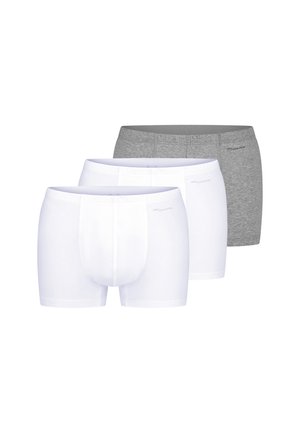 Drei Herren-Boxershorts in zwei Weiß und einem Grau, überlappend angeordnet, mit Vorder- und Seitenansicht-Details.