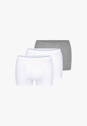 Tre herreboxershorts i to hvide og én grå, arrangeret overlappende, der viser for- og sidevisningsdetaljer.