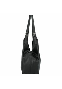 Borsa in pelle nera con finitura texture, forma morbida, due manici lunghi e dettagli in metallo argentato. La chiusura è al centro in alto.