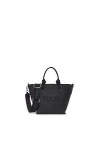 Borsa a tote nera in finta pelle testurizzata, dotata di chiusura con zip, manici superiori doppi e una tracolla regolabile con il nome del marchio "TOUS."