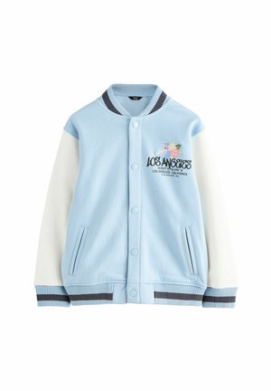 Hellblaus College-Jacke mit weißen Ärmeln, geripptem Kragen und gestreiften Bündchen. Verfügt über ein florales "Los Angeles"-Design und einen Druckknopfverschluss.