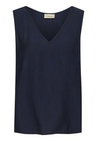 Marinblå ärmlös topp med V-ringning, i ett texturerat tyg och lös passform, med subtila strukturella linjer genom hela.