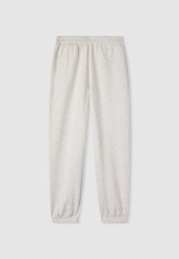 Jasnoszare dresy z elastycznym pasem i mankietami, charakteryzujące się gładką teksturą i bocznymi kieszeniami. Zaprojektowane z myślą o komforcie i codziennym noszeniu.