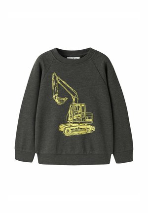 Ciemnoszara bluza z długim rękawem z żółtym, liniowym rysunkiem koparki budowlanej na przodzie.