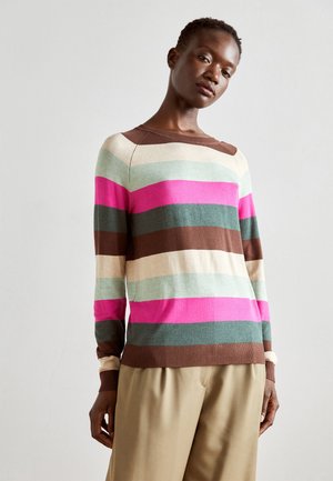Striped sweater in soft fabric featuring bold colors: pink, green, beige, and brown. Crew neck and long sleeves with ribbed hem details.