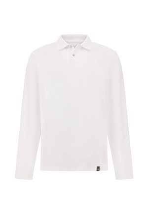 Polo a maniche lunghe in bianco solido, realizzato in tessuto liscio, con colletto classico, placchetta con due bottoni e un piccolo logo sul bordo.