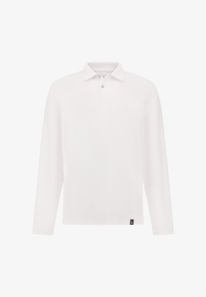 Polo majica z dolgimi rokavi v enotni beli barvi, narejena iz gladkega materiala, s klasičnim ovratnikom, dvema gumboma na zapenjanju in majhnim logotipom na robu.