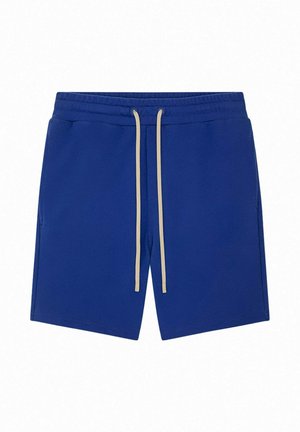 Shorts décontractés bleus avec une taille élastique et des cordons beiges, comportant des poches latérales et un ourlet droit.