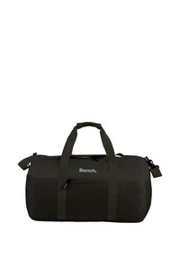 Donkergroene duffeltas met dubbele handvatten, verstelbare schouderriem, gestructureerd zijpaneel en vooraan het logo "Bench." Ritssluiting aanwezig.