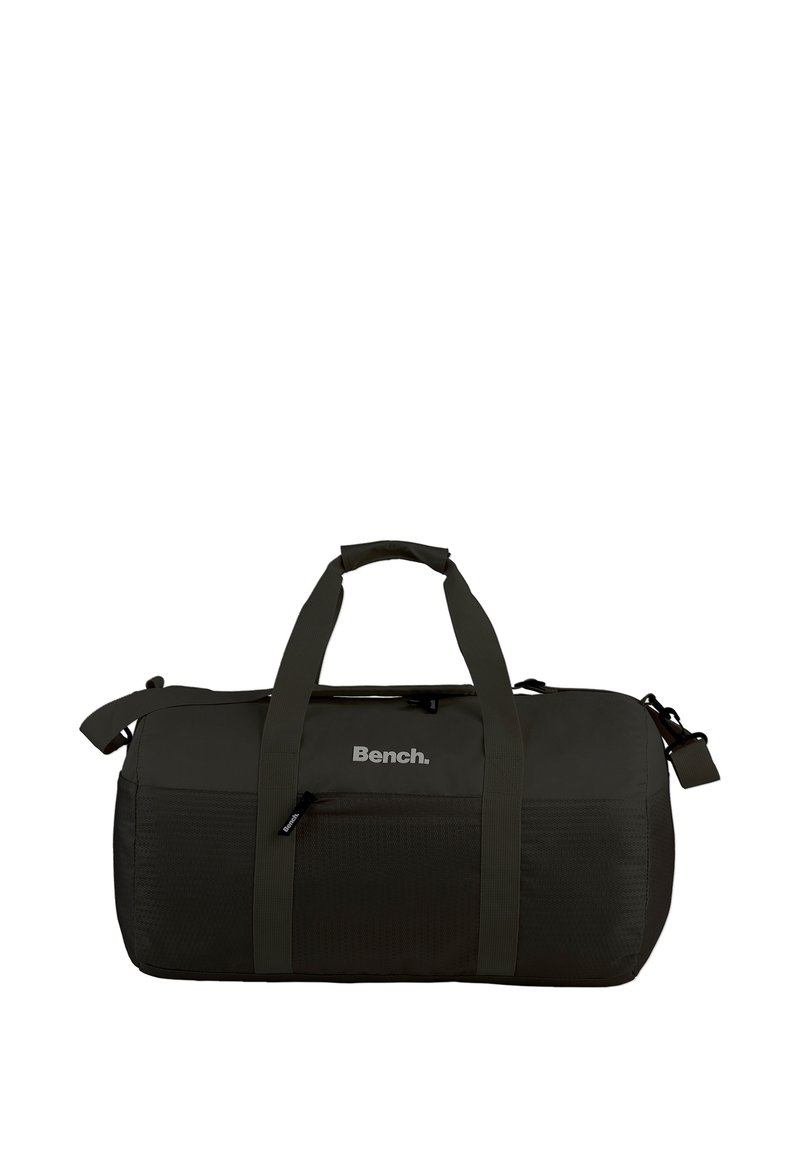 Donkergroene duffeltas met dubbele handvatten, verstelbare schouderriem, gestructureerd zijpaneel en vooraan het logo "Bench." Ritssluiting aanwezig.