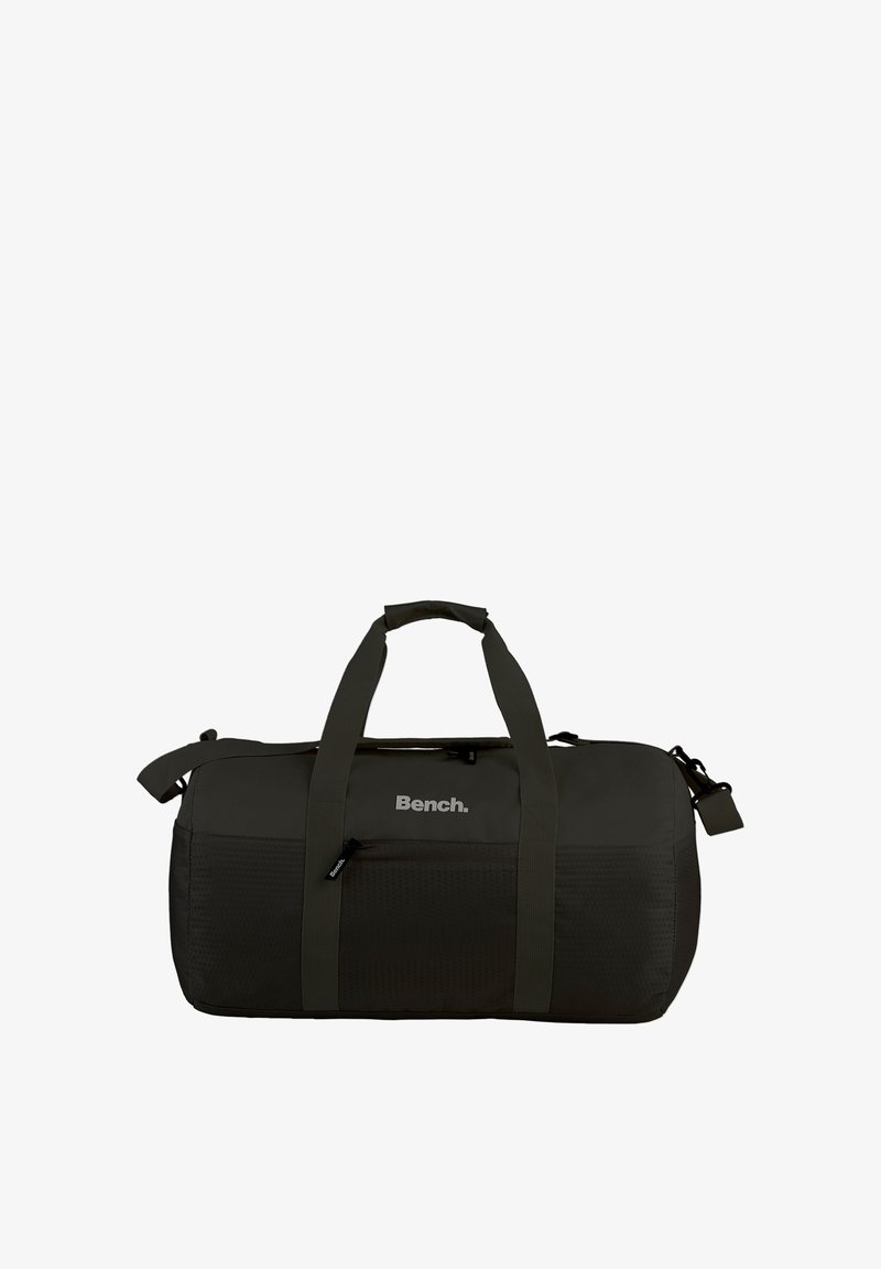 Donkergroene duffeltas met dubbele handvatten, verstelbare schouderriem, gestructureerd zijpaneel en vooraan het logo "Bench." Ritssluiting aanwezig.