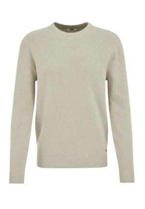 Lichtbeige crewneck trui met een gestructureerde brei, geribbelde manchetten en zoom. Heeft een klein logotag op de onderkant.
