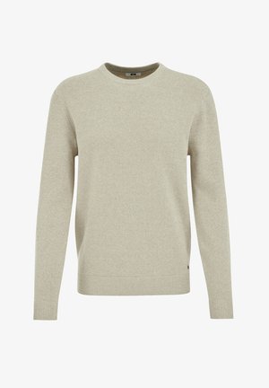 Suéter ligero beige de cuello redondo con un tejido texturizado, puños y dobladillo acanalados. Presenta una pequeña etiqueta de logo en el lado inferior.