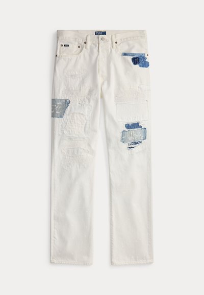 Vita jeans i denim med flera blekta blå och vita lappar på framstussen och knäna, femficksmodell, rak benform.