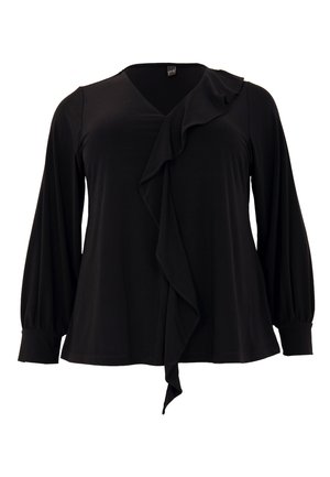 Haut noir à manches longues avec un décolleté en V, volants asymétriques à l'avant et manches à poignets, fabriqué en tissu doux.