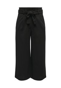 Černé kalhoty culottes s texturou látky, se zavázaným opaskem v pase a předními sklady, navržené pro uvolněný střih a délku po kotníky.