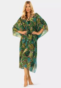 Kwiatowy kimono z przezroczystego materiału; z zielonymi i brązowymi wzorami liści. Posiada pasek do zawiązania i szerokie rękawy.