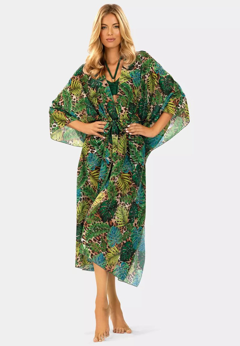 Kwiatowy kimono z przezroczystego materiału; z zielonymi i brązowymi wzorami liści. Posiada pasek do zawiązania i szerokie rękawy.