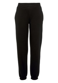 Svarta sweatpants med elastisk midja, avsmalnande muddar och en slät struktur, designade för komfort och flexibilitet.