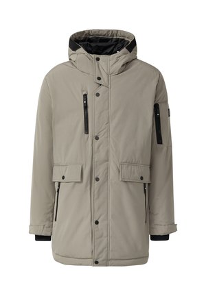 Beige gesteppte Jacke mit Kapuze, Reißverschlusstaschen, Knopfverschluss und schwarzen Akzenten an den Bündchen und vorne. Glatte Textur, isoliertes Design.