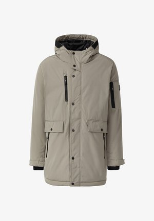 Beige gesteppte Jacke mit Kapuze, Reißverschlusstaschen, Knopfverschluss und schwarzen Akzenten an den Bündchen und vorne. Glatte Textur, isoliertes Design.