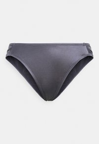 Parte inferior de bikini cinza escuro com uma textura suave e brilhante, apresentando detalhes laterais franzidos. Formato clássico adequado para roupa de banho.
