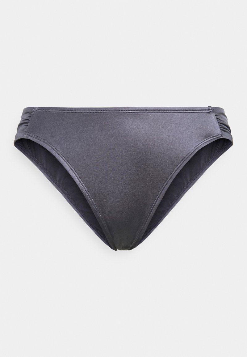 Parte inferior de bikini cinza escuro com uma textura suave e brilhante, apresentando detalhes laterais franzidos. Formato clássico adequado para roupa de banho.