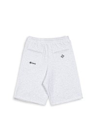 Light grey fleece shorts with an elastic waistband, two back pockets, and black embroidered text and logo details on the rear.