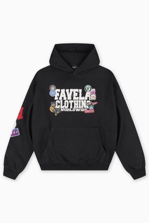 Black hoodie featuring the text "FAVELA CLOTHING WORLDWIDE" with assorted colorful patches on the front and a pocket at the waist.