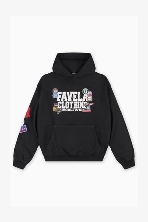 Black hoodie featuring the text "FAVELA CLOTHING WORLDWIDE" with assorted colorful patches on the front and a pocket at the waist.