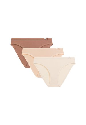 Trzy damskie bawełniane majtki w brązowym, beżowym i kremowym kolorze, każda z małą kokardką na gumce.