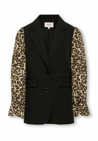 Black tailored vest jacket with leopard print puff sleeves, featuring two front pockets and two black buttons centered on the front.