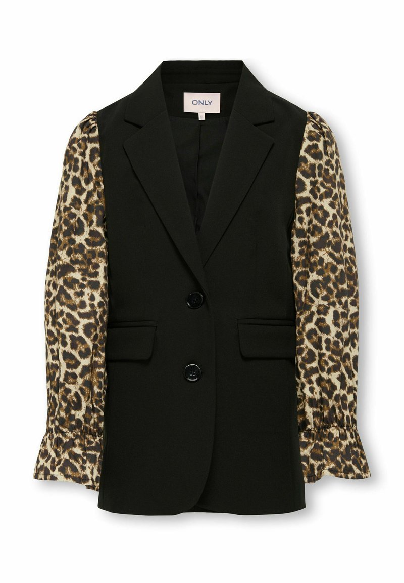 Black tailored vest jacket with leopard print puff sleeves, featuring two front pockets and two black buttons centered on the front.