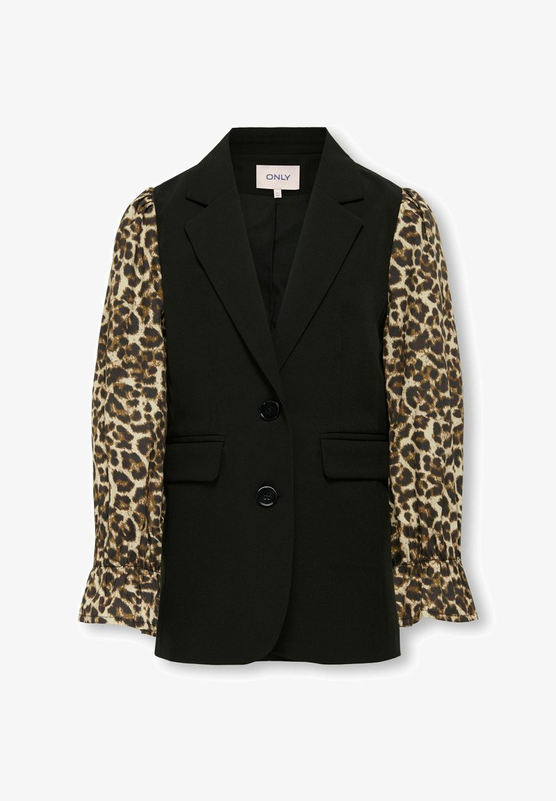 Black tailored vest jacket with leopard print puff sleeves, featuring two front pockets and two black buttons centered on the front.