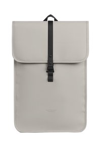 Gray backpack made of smooth material with a flap closure and a black strap. Features rounded corners and a handle at the top.