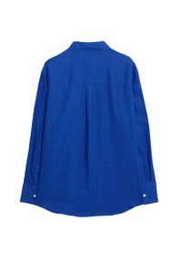 Blaues Langarmhemd aus strukturiertem Stoff. Mit klassischem Kragen, Knopfmanschetten und einem leicht verlängerten Saum hinten.
