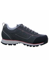 Gray hiking shoe with textured suede upper, colorful stitching, rubber toe cap, and a lugged outsole for traction. Features white midsole.