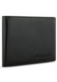 Sort læderpung med en glat tekstur, minimalistisk design og præget "bugatti" logo. Har rene linjer og diskrete syninger.