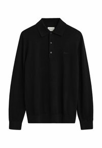 Polo noir à manches longues avec trois boutons et un petit logo discret sur la poitrine gauche.