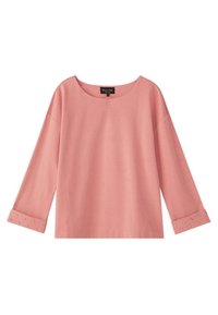 Long-sleeve dusty pink blouse with wide boat neckline and studded cuffs on each sleeve, displayed on white background.