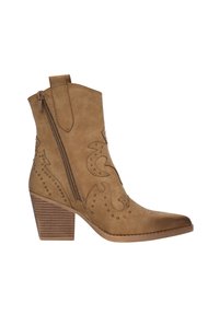 Botines de ante marrón con diseño western bordado, cierre de cremallera y tacón apilado. Punta afilada y tachuelas decorativas a lo largo del patrón.