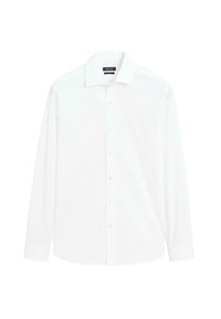 Camicia bianca a maniche lunghe con bottoni, realizzata in cotone liscio. Presenta un colletto classico e una chiusura frontale con bottoni, con una vestibilità regolare e senza motivi.