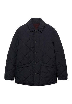 Navy quilted jacket with a rounded collar, front button closure, and two side pockets. Features a textured, padded design.