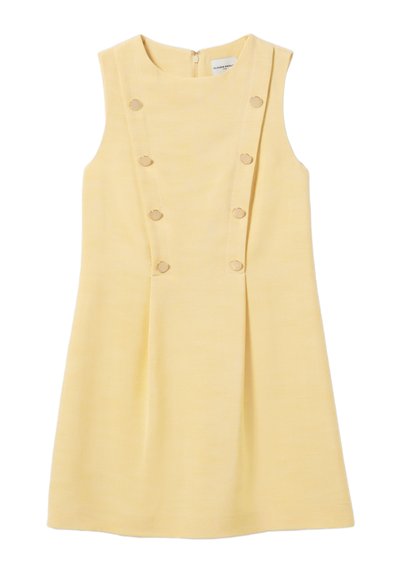 Abito giallo senza maniche con scollatura rotonda, gonna plissettata e sei bottoni decorativi sul davanti per un tocco in più.