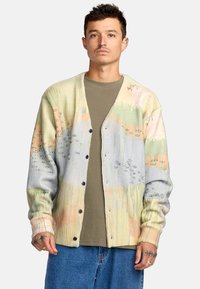 Multicolore cardigan van zachte wol, met een gradientpatroon in pasteltinten, sluiting met knopen aan de voorkant en geribde manchetten.