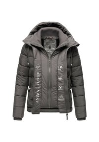 Dark gray padded jacket with hood, front zippers, and white text reading "Animal Lover," "Love," "Save," "Respect," and "Fur Free Retailer."