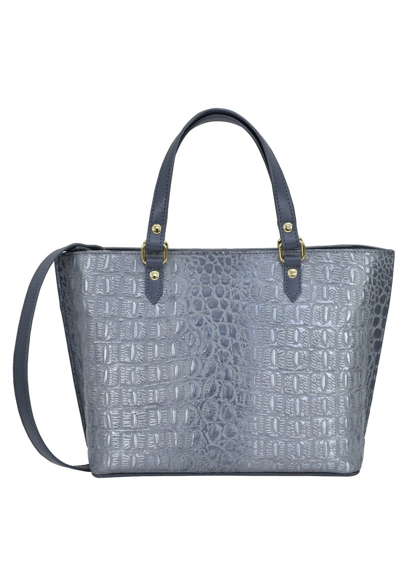 Grau-einkaufsbeutel im Krokodil-Muster mit doppelten Griffen und einem abnehmbaren Schultergurt; verfügt über Akzente aus goldfarbenem Metall.