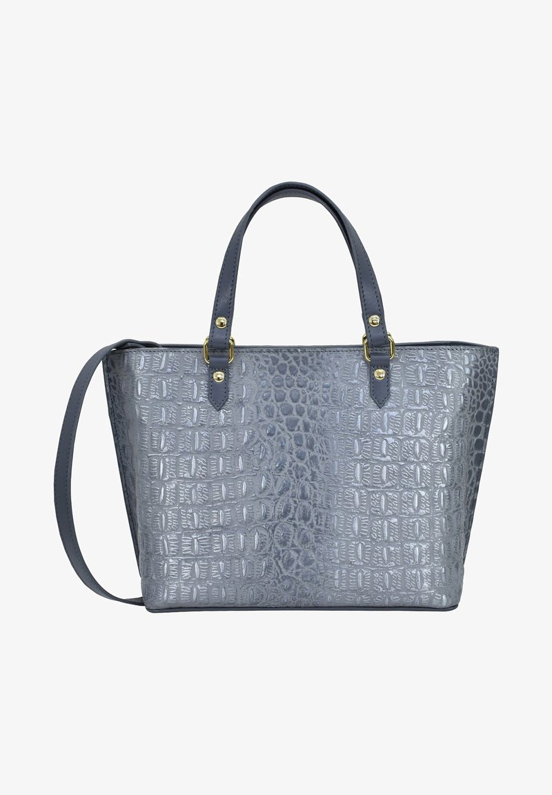 Tote bag in grijs met krokodillenpatroon, voorzien van dubbele handvatten en een afneembare schouderriem; afgewerkt met accenten in goudkleurig metaal.