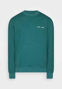 Tyrkysová mikina s žebrovaným kulatým výstřihem a manžetami. Na hrudi je bílý nápis "SAMSE". Vyrobena z měkké, hladké látky. Jednoduchý design.